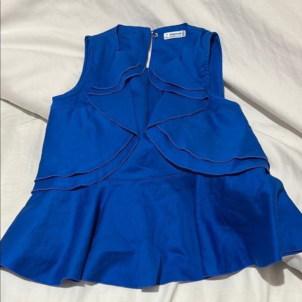 Mayoral 7 Blue Sleeveless Ruffled Peplum Blouse 💯 cotton nwot perfect unworn